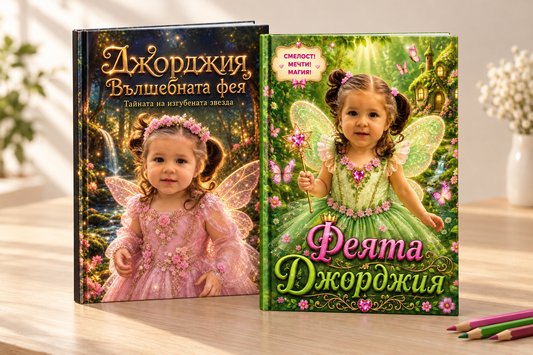 Две персонализирани книжки ArtMindr — за четене и за оцветяване — в които детето е главният герой, до цветни моливи
