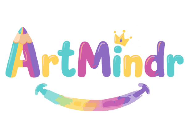Colorful logo with 'ArtMindr' text and artistic elements on a white background