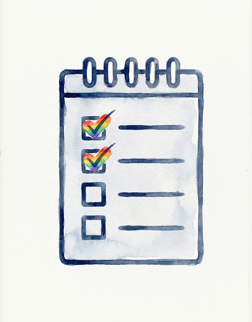 Watercolor illustration of a calendar with rainbow checkmarks on a white background