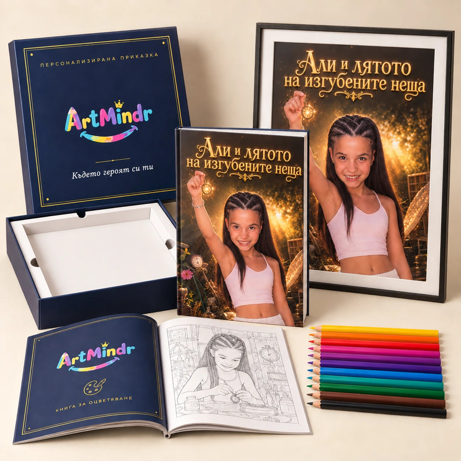 Master Box с книгата на Али, книжка за оцветяване, плакат и моливи — продуктова визуализация
