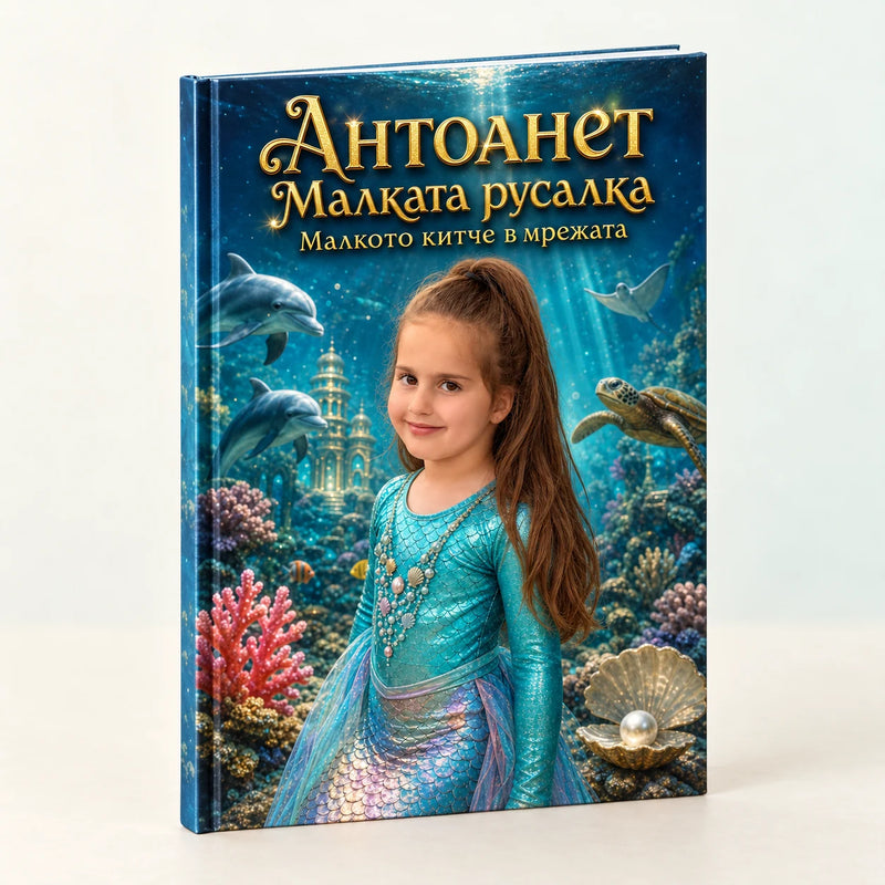 Персонализирана книжка „Малкото китче в мрежата“ с твърди корици — пример за Антоанет
