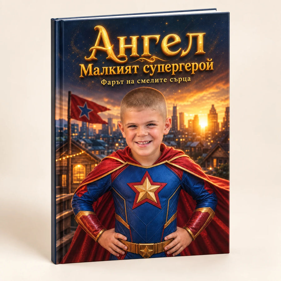 Персонализирана книжка „Фарът на смелите сърца“ с твърди корици — пример за Ангел